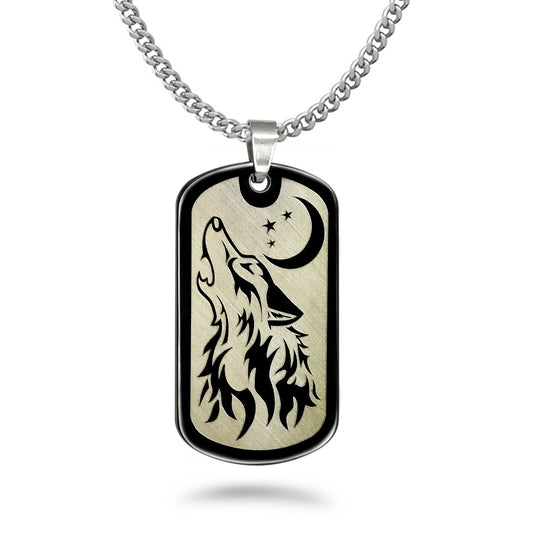 Wolf Necklace, Stainless Steel Dog Tag Necklace for Men, Personalize Dog Tag Pendant with 24 Inches Curb Link Chain Necklace SSN668