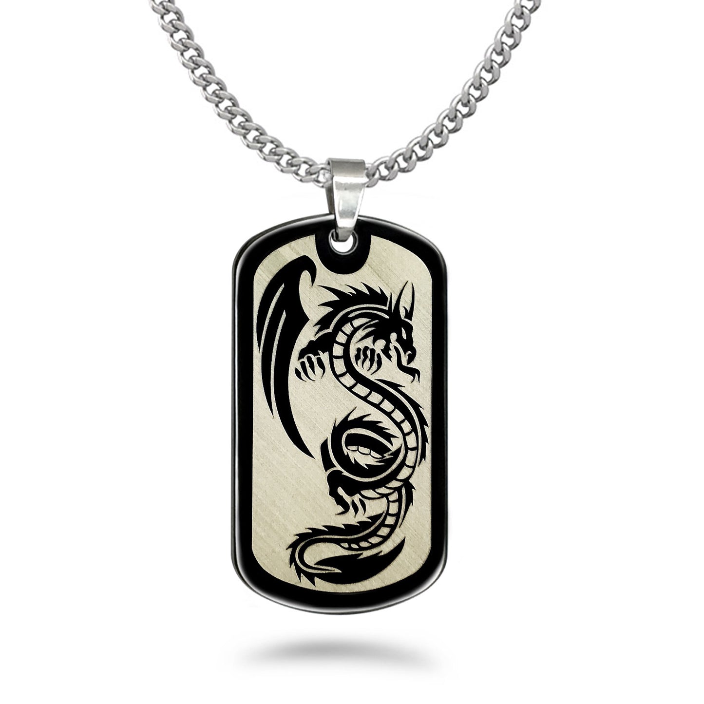 Dragon Necklace, Stainless Steel Dog Tag Necklace for Men, Personalize Dog Tag Pendant with 24 Inches Curb Link Chain Necklace SSN670
