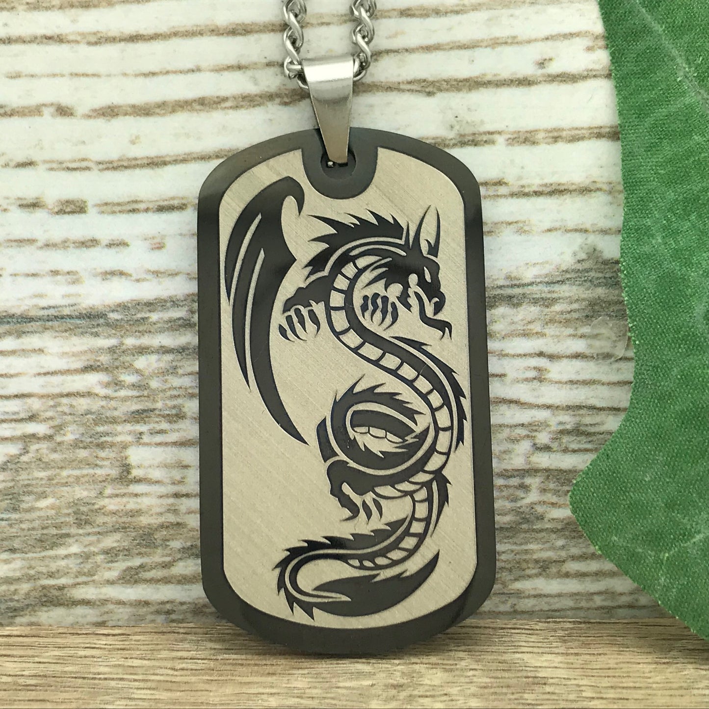 Dragon Necklace, Stainless Steel Dog Tag Necklace for Men, Personalize Dog Tag Pendant with 24 Inches Curb Link Chain Necklace SSN670