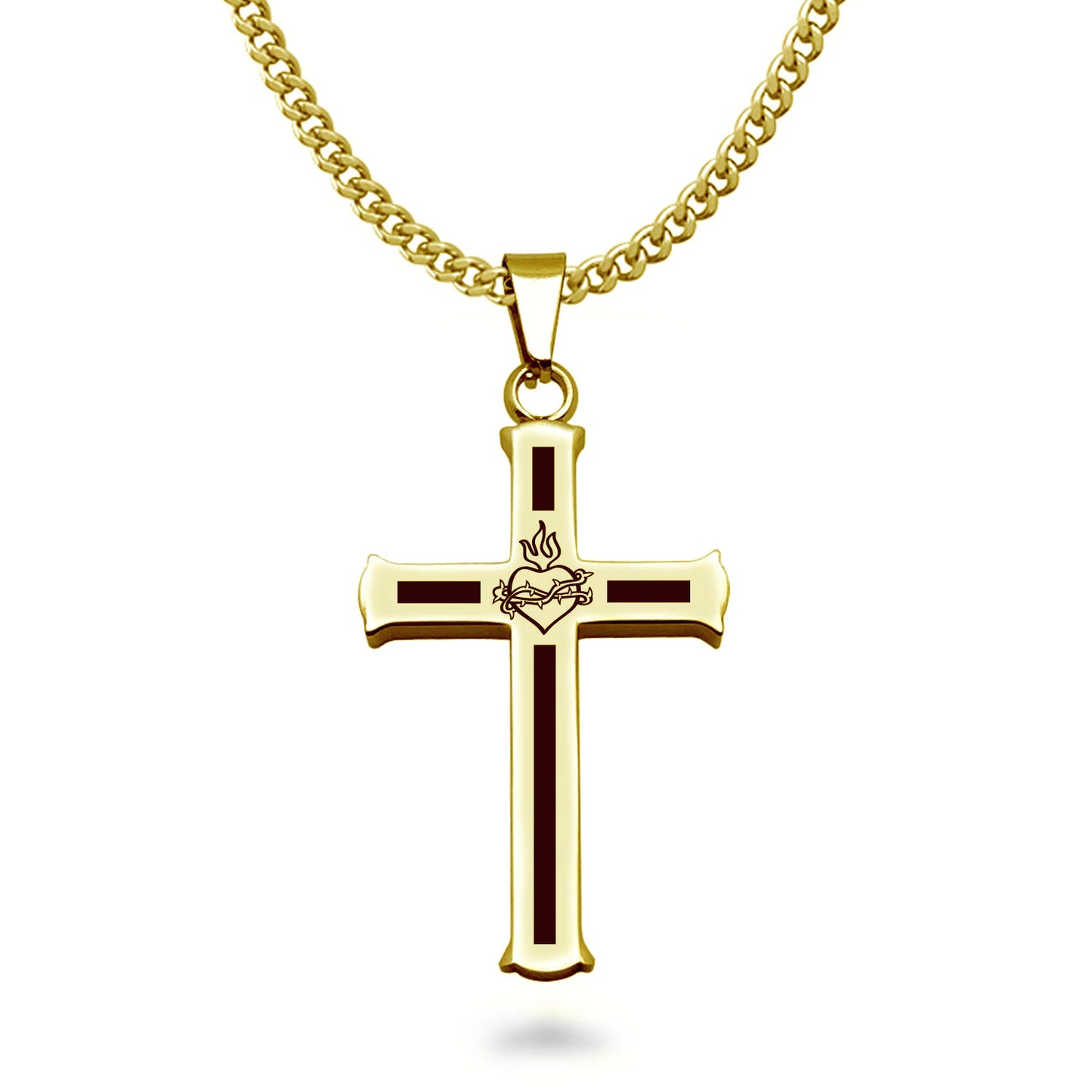 Heart Cross Necklace for Men Stainless Steel Gold Plated Cross Necklaces High Polished Gift For Men, Stainless Steel Curb Link Chain Length 24 Inch SSN684-G