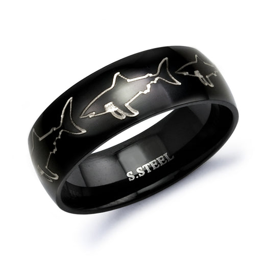 Personalized Stainless Steel Ring for Men, Laser Engraved Shark Design, Anniversary Ring Customized Promise Ring SSR409
