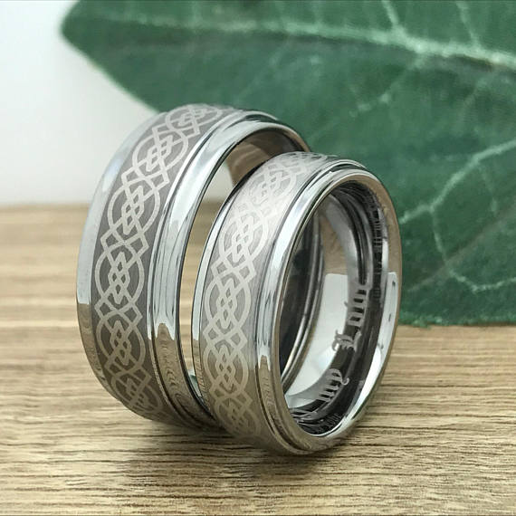 His & Hers 9MM/7MM Tungsten Carbide Wedding Band Ring Set Laser Etched Celtic Design TCR325