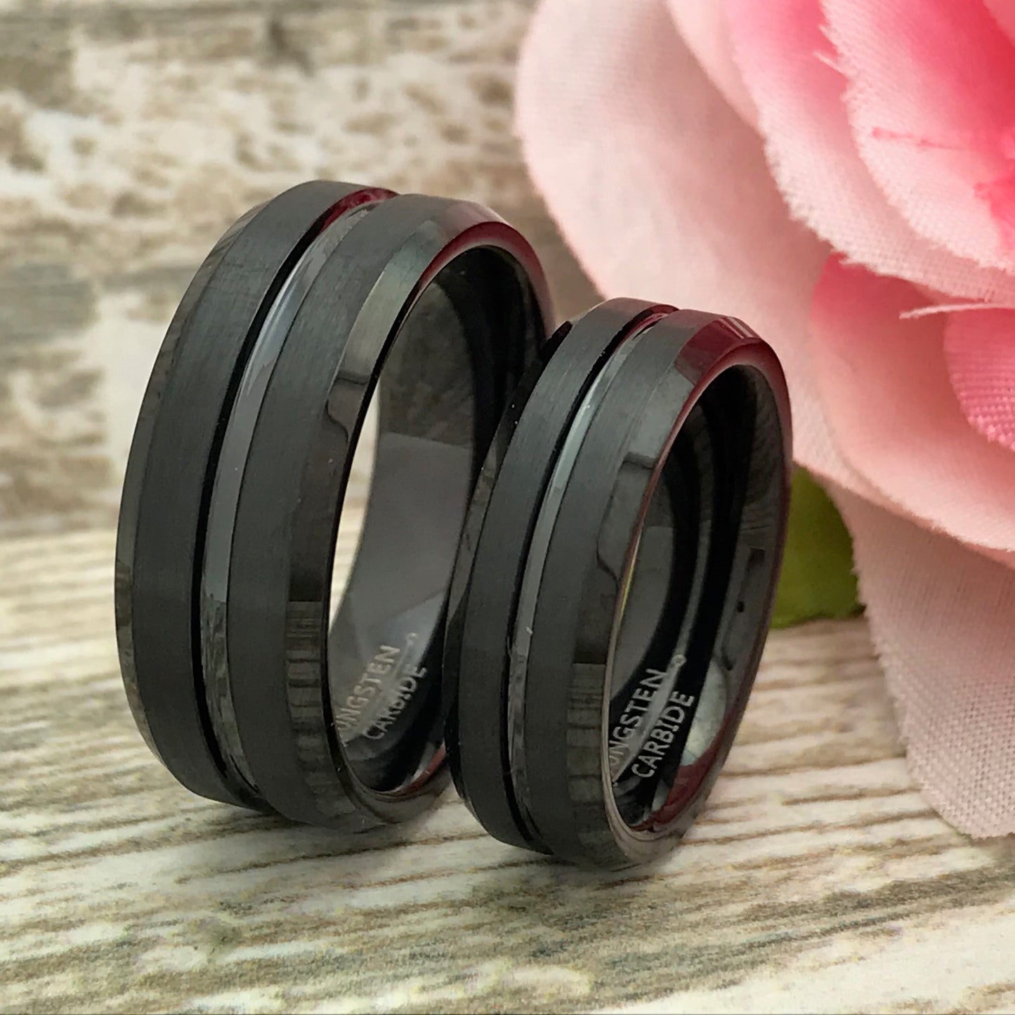 8mm/6mm Personalized His & Hers Tungsten Ring, Black Tungsten Couples Ring Set TCR506