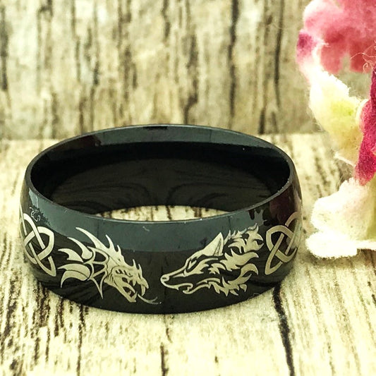 Wolf and Dragon Ring, Titanium Ring, Personalized Ring, Comfort Fit Beveled Edge Ring, Gifts for Women Men TRB302